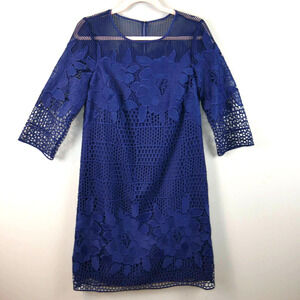 Adrianna Papell Havana Gardens Lace Long Sleeve Blue Shift Dress Size 6